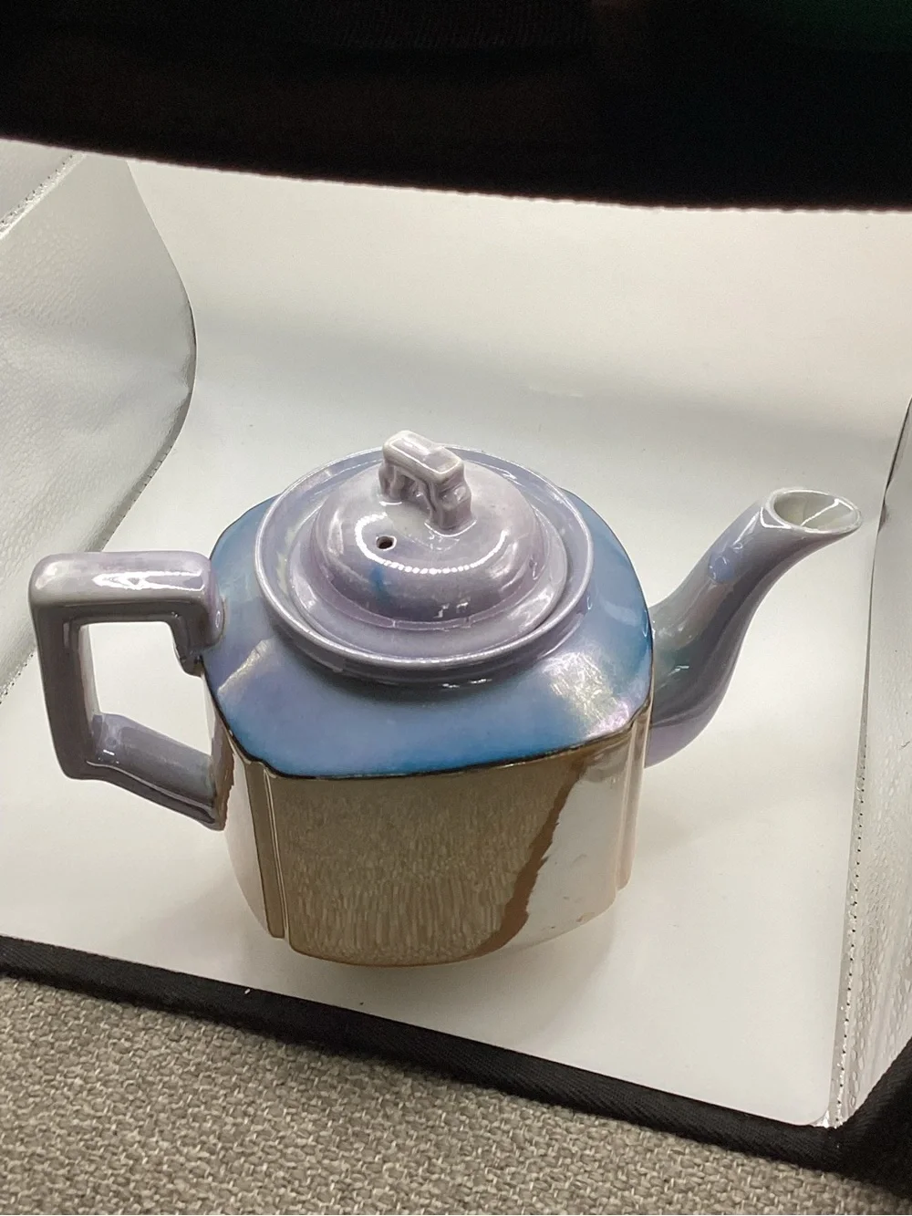 vintage, hand-painted lusterware teapot with floral, bird, tree painting